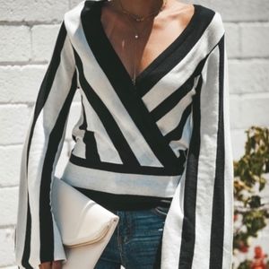 DO+BE Black and White Stripe Wrap Knit Top